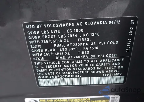 2012 Volkswagen Touareg Vr6 Sport z USA, uszkodzony, nr VIN WVGEF9BP2CD010847